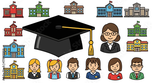 Collection of school-related icons featuring various school buildings, student characters, a teacher, and a graduation cap, representing education and learning.