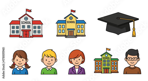 Collection of school buildings, graduation cap, students, and teachers.