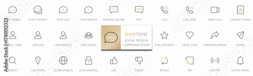 A collection of duotone minimalist line icons for communication and social media interaction, including chat bubble, call, user profile and notification. Ideal for apps, website and digital interfaces