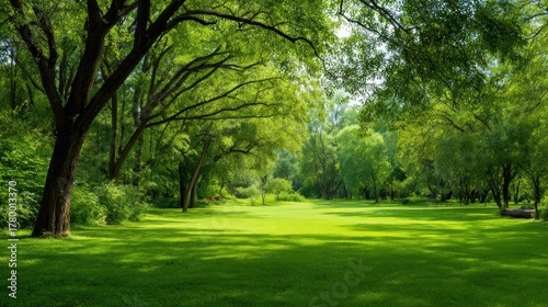 Fototapeta Naklejka Na Ścianę i Meble -  Lush green parkland with sunlight filtering through trees