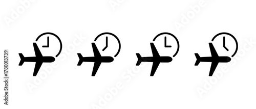 Airplane time icon. Flight and clock symbol. Travel schedule and departure sign