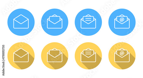 Email envelope line icon with long shadow. Open mail with letter and mention symbol for message