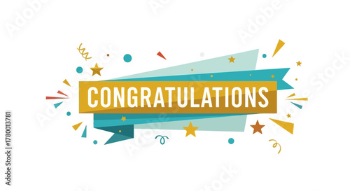 Congratulations with confetti and stars banner, celebrating success and achievements in a vibrant design
