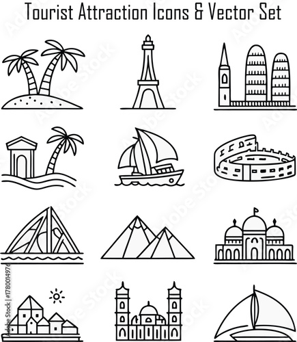 Landmarks and monuments travel icon set vector illustration