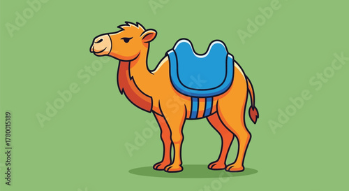 Cartoon illustration of a camel with a blue saddle standing on a green background.