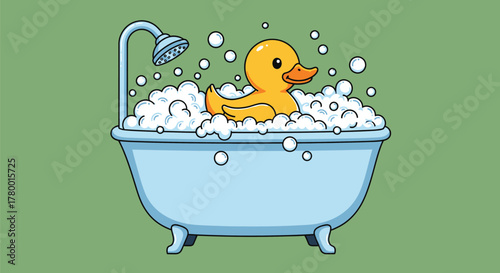 Cute Rubber Duck Taking Bubble Bath – Cartoon Illustration