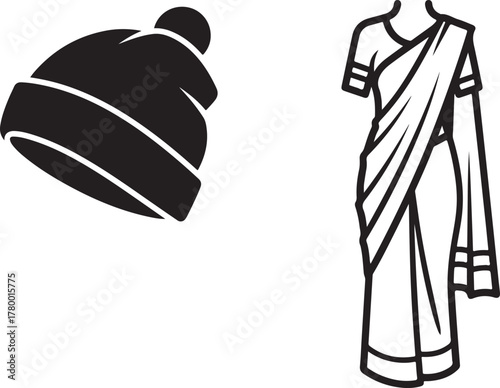 Black Silhouette Winter Hat and Outline Illustration of Traditional Sari