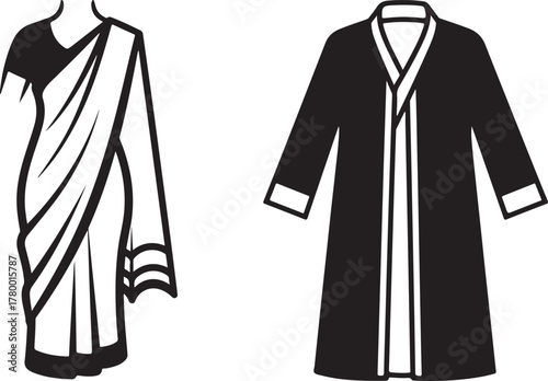 Minimalist Black and White Vector Illustration of Sari and Formal Robe