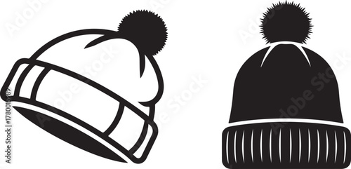 Black and White Beanie Hats with Pom-Poms, Winter Apparel Icons