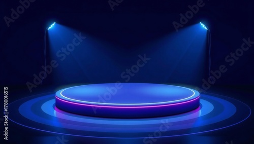 Futuristic neon podium stage with blue spotlights on dark background