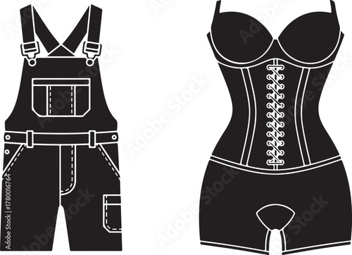 Black and White Vector Icons of Overalls and Corset Lingerie Pair