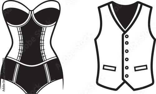 Black and White Vector Icons of Lingerie Bodysuit and Men's Waistcoat