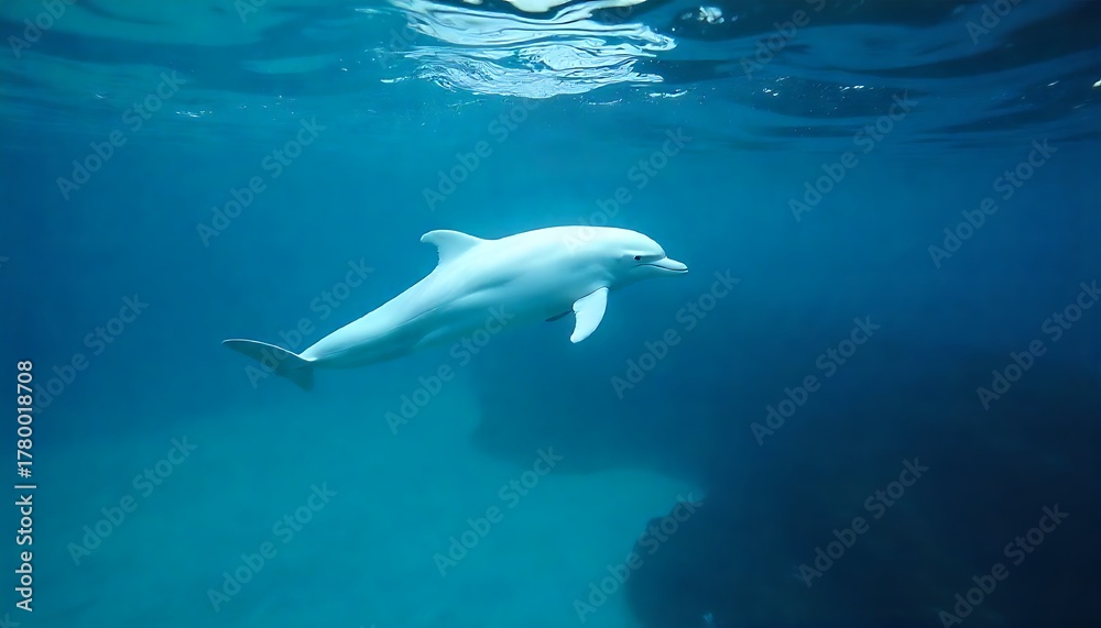 Obraz premium Graceful dolphin swims in crystal clear turquoise ocean waters, evoking feelings of wonder and freedom under the sea, perfect for marine life campaigns