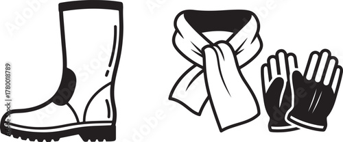 Monochrome Stylized Icons of Winter Clothing and Rubber Boot Vector Set