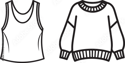 Simple Line Art Drawing of Tank Top and Long-Sleeved Sweater