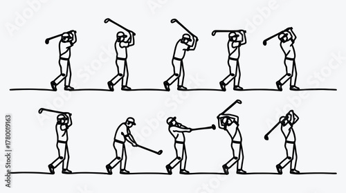 Golf swing sequence line drawing demonstrating the motions of a golfer