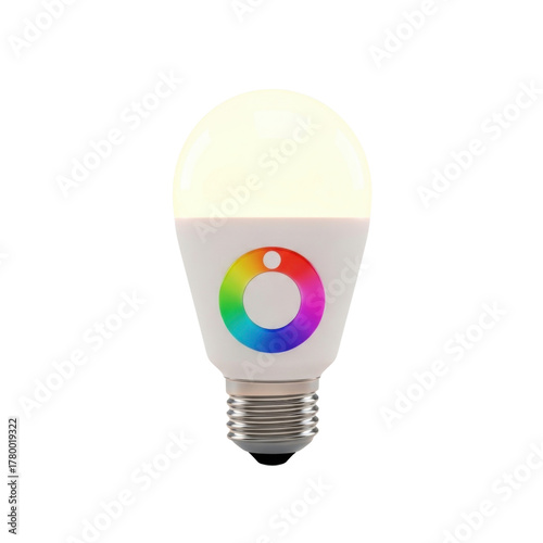 Smart LED Light Bulb Glowing Warm White with a Rainbow Color Wheel Logo.