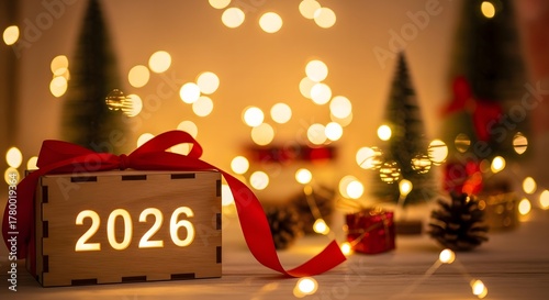 Christmas gift box with 2026 glowing numbers and festive lights
