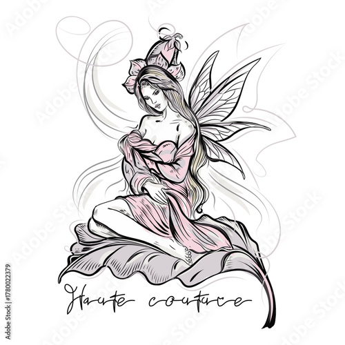 Fashion vector sketch with elf nymph stylish woman, high fashion concept, apparel print