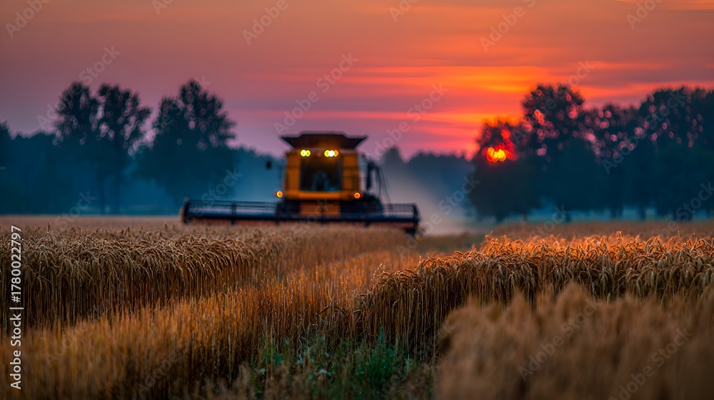 Fototapeta premium Harvester machine works in golden wheat field du harvest season with warm sunset in the background now.