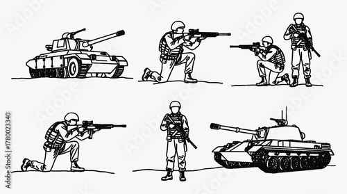 Military operation sketch showing tanks and soldiers with rifles illustration