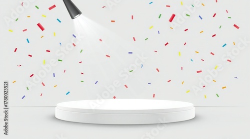 Empty white podium with falling confetti and spotlight overhead