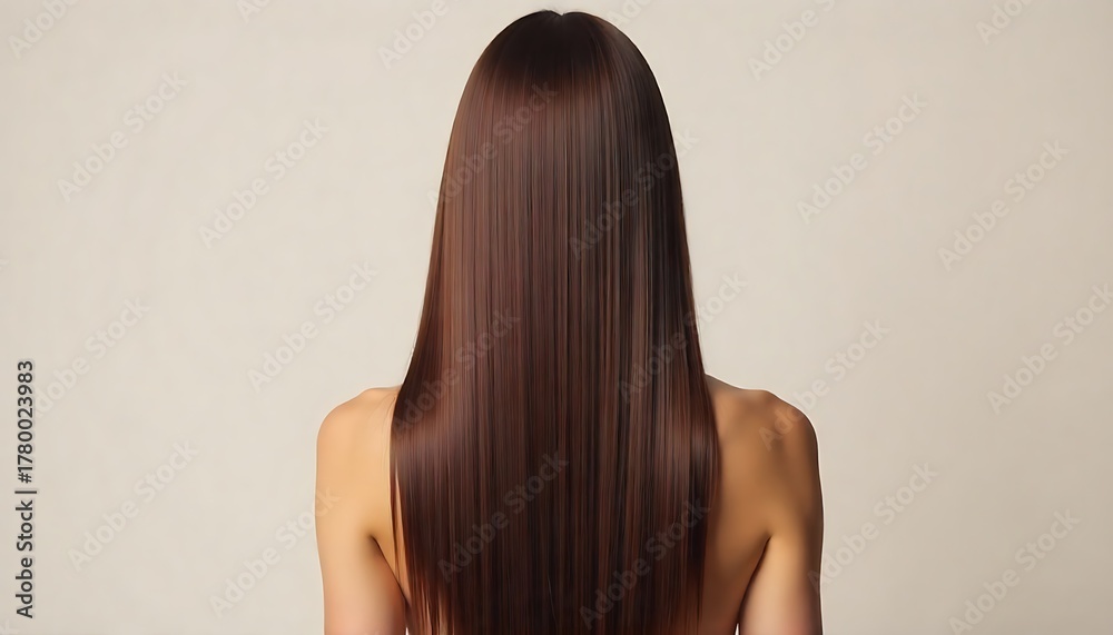 Obraz premium Stunning long straight brown hair cascading down a woman's back, showcasing radiant shine and healthy texture for beauty and hair care product marketing
