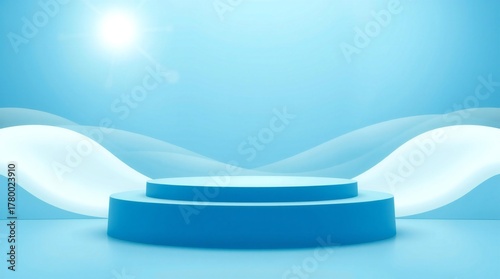 Blue podium with flowing white ribbons on a light blue background