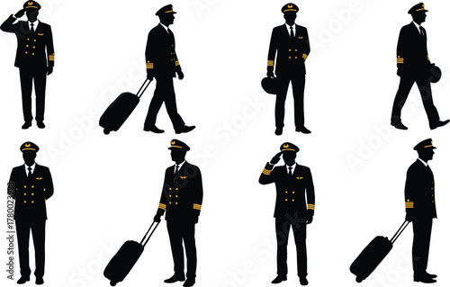 Airline pilot silhouettes, aviation uniform poses, professional flight crew, travel concept, pilot with suitcase, airport staff illustration, captain attire, aviation scene