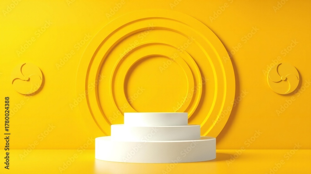 Fototapeta premium Minimalist white podium on a vibrant yellow background with concentric circles