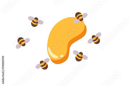 Flat Vector Illustration of Sweet Golden Honey Drop Surrounded by Busy Honey Bees on a Clean White Background