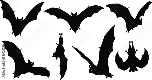 Bat silhouettes, flying bats, hanging bats, nocturnal animals, Halloween icons, spooky creatures, black bat shapes, wildlife vector, bat anatomy, isolated poses