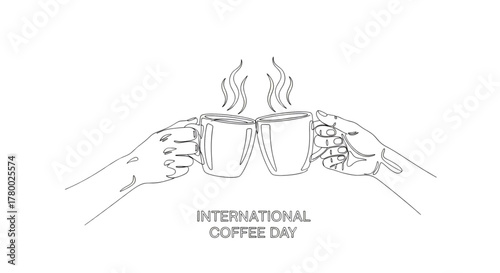 Line drawing of two hands holding steaming coffee cups on International Coffee Day