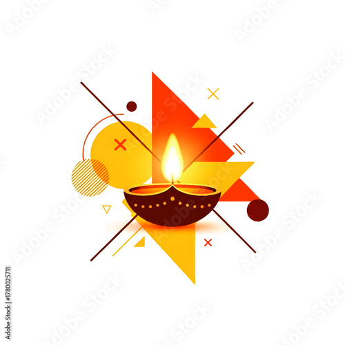 A stylized illustration of a lit diya lamp, with geometric shapes and lines in a vibrant design.