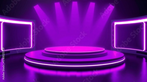 Modern futuristic stage with purple neon lights and spotlight