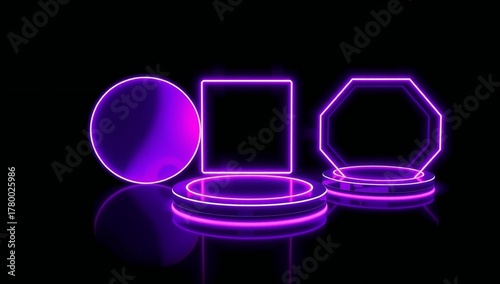 Futuristic neon pedestals with geometric shapes in purple light