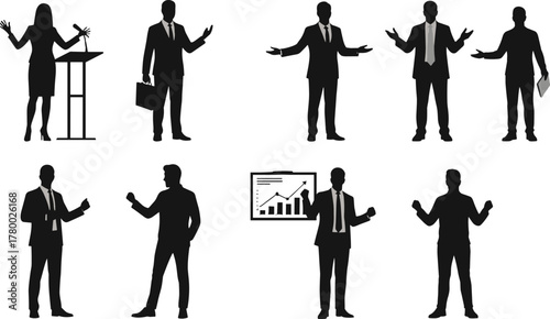 Business presentation silhouette, corporate speaker vector, public speaking pose, black and white illustration, leadership gesture, office attire, business concept art