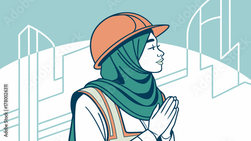 Illustration of a Muslim woman engineer or construction worker in a hard hat and hijab, with hands clasped, against a backdrop of modern buildings.
