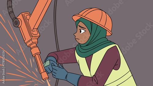 A woman in a hard hat and hijab working with a robotic arm producing sparks in an industrial setting.