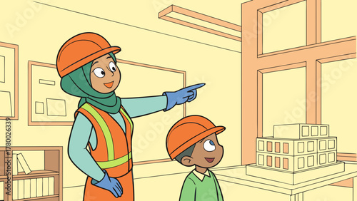 A woman in a hard hat and safety vest points at a building model while a young boy in a hard hat looks on, possibly in a classroom or office setting.