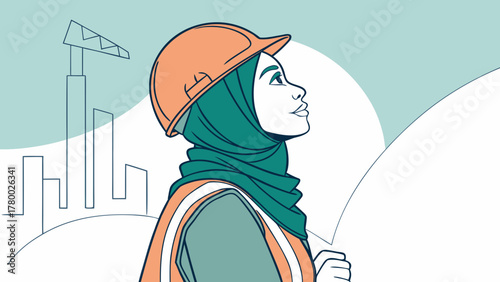 Illustration of a Muslim woman in a hard hat and safety vest looking up at a construction site.