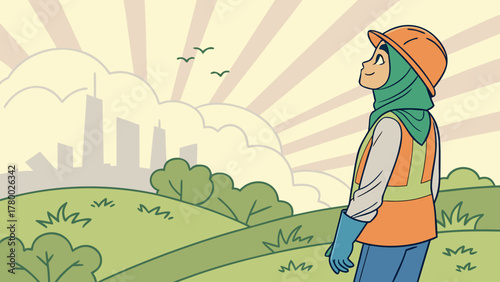 A young woman in a hard hat and safety vest looks up at the sky with sun rays, birds, and a city skyline in the background, amidst green hills.