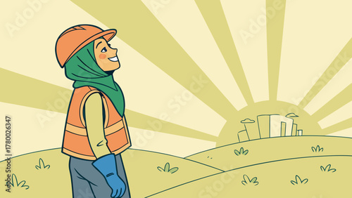 An optimistic woman in a hard hat and hijab gazes at a radiant sunrise over a serene landscape with a distant city.