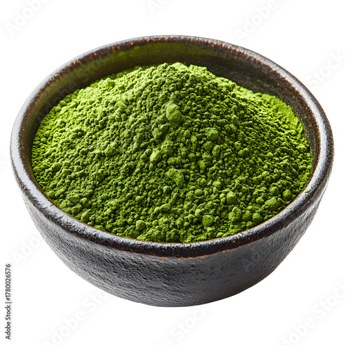 Matcha green tea powder in ceramic bowl isolated on transparent background