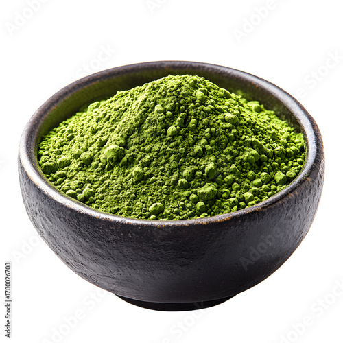 Matcha green tea powder in ceramic bowl isolated on transparent background
