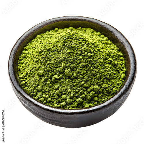 Matcha green tea powder in ceramic bowl isolated on transparent background