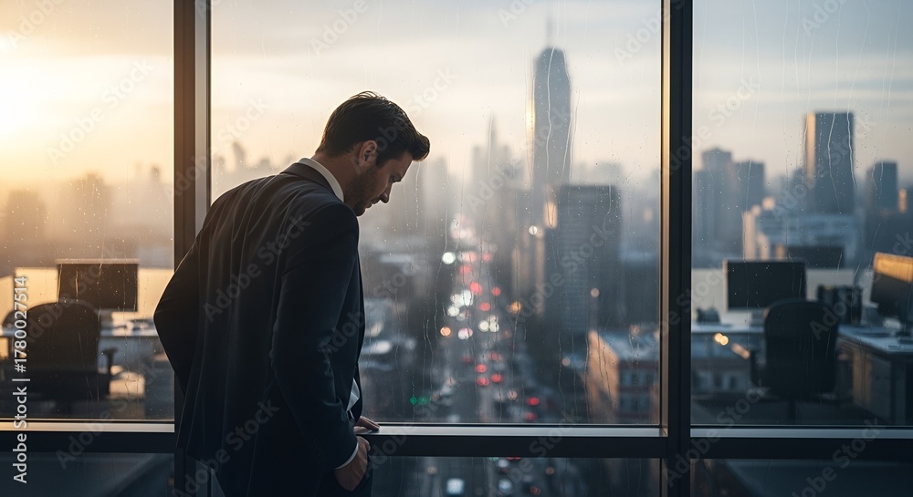 Fototapeta premium A dejected businessman looking out a window at a city skyline.