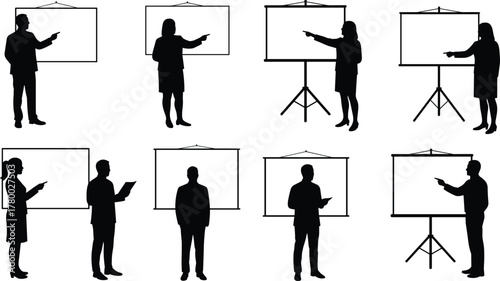 Business presentation silhouettes, corporate training, professional speakers, teaching poses, standing figures, digital boards, seminar concept, education, leadership, teamwork
