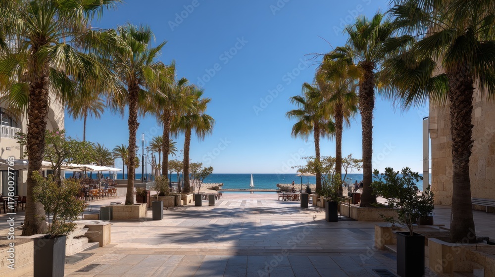 Fototapeta premium Coastal plaza lined with palm trees and restaurants leads to the blue sea under a sunny blue sky