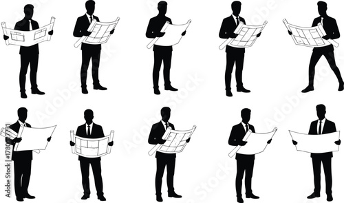 Business professionals in suits reviewing architectural blueprints, construction planning, engineering consultation, corporate teamwork.